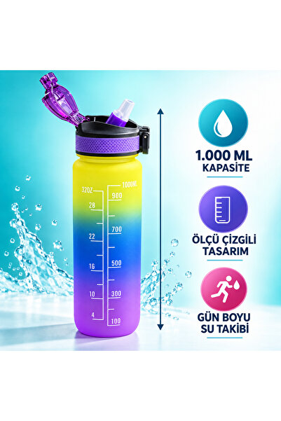 nnevora 1000 ml Pipetli Motivasyon Matarası Ölçü Çizgili Kilitli Kapaklı Spor...