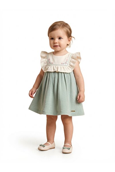Top Kids Girls' Sleeveless Light Green and Off White Embroidered Collar Ruffl...