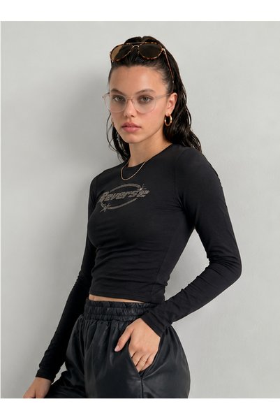 NİCE Women's Reserve Written Stone Print - Lycra Long Sleeve Body Tee Crop