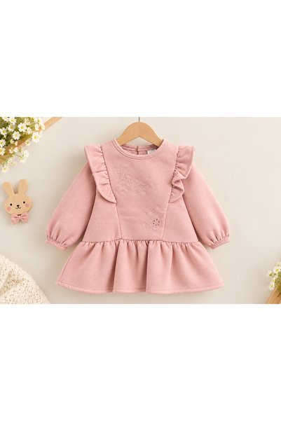 Caramell Baby Girl Dress 100% Cotton 3 Thread Threaded Winter Dress with Embroidered Ruffle Detail
