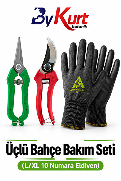 AdGaz Bahçe Bakım Seti Üçlü Budama Makası Hasat Makası Eldiven L/XL 3 Parça