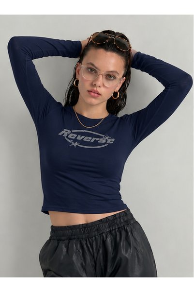 NİCE Women's Reserve Written Stone Print - Lycra Long Sleeve Body Tee Crop