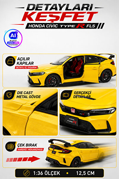 YILDIRIM OYUNCAK Die Cast Honda Civic Type R FL5 Model Araba 4’lü Set 12,5 cm – 1:36 Ölçek Metal Açılır Ön Kapılı Çek Bırak Araba