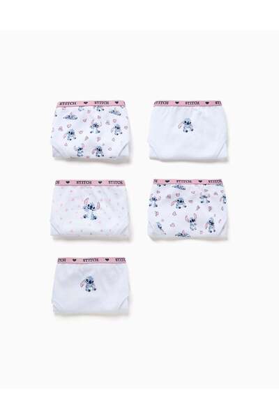 Ziddy Pack Of 5 Cotton Briefs With Stitch Prints For Girls, White