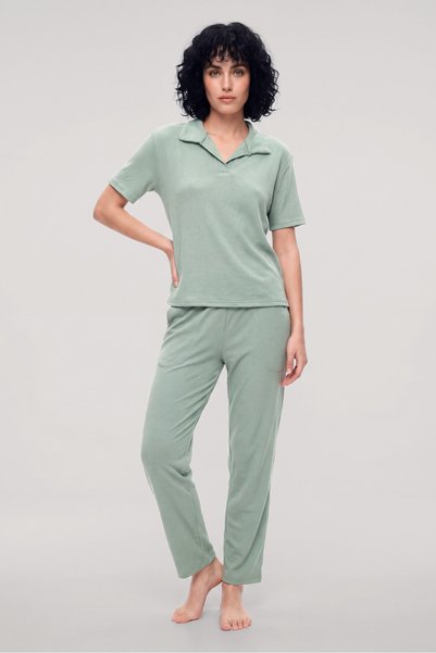 Akbeniz Kadın Yeşil Polo Yaka Pijama Takımı