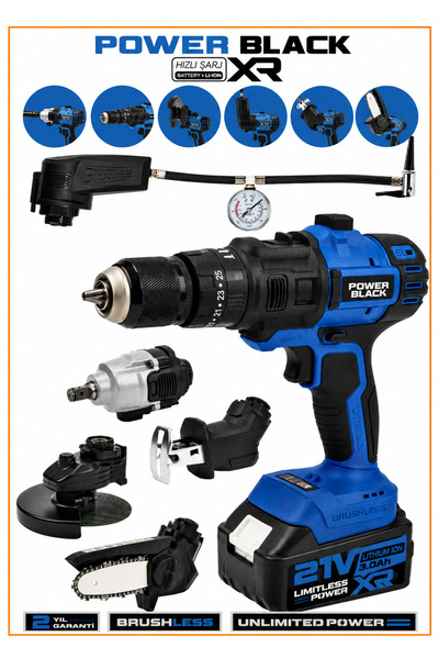 POWER BLACK PROFESYONEL 7 BAŞLIKLI SET 21 V VİDALAMA TAŞLAMA SOMUN SIKMA TİLK...