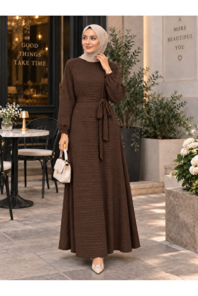 SERAZAT Kadın Kuşaklı Uzun Tunik Elbise Tesettür Dokulu Uzun Kollu Maxi Elbise