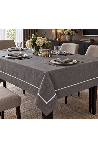 Zeren Home مفرش طاولة فضي اللون بتفاصيل بيكو وملمس الكتان - مفرش طاولة أنيق و...