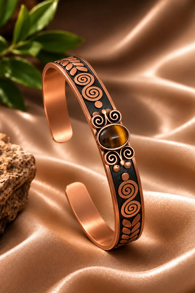 OSMANLI GÜMÜŞ Women's Copper Bracelet Handcrafted Pure Copper Oval Tiger's Ey...