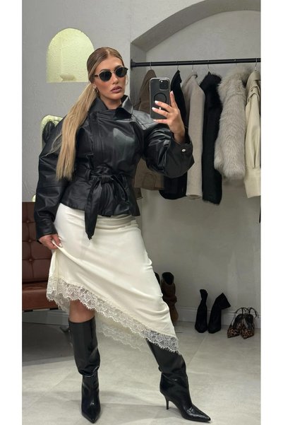 liya butik Krem Dantel Detay Saten Etek