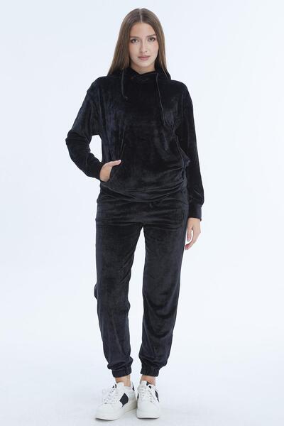 Select Moda طقم نسائي مخملي بقلنسوة وتفاصيل جيوب من قطعتين