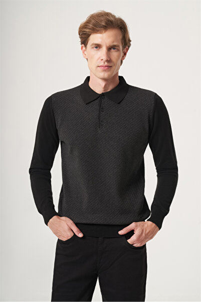 İmza Black-Smoked Polo Collar Long Sleeve Knitted Comfort Fit Cotton Sweater ...