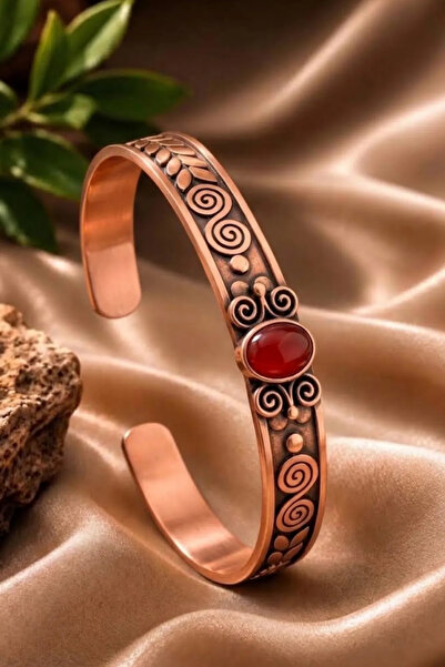 OSMANLI GÜMÜŞ Women's Copper Bracelet Handcrafted Pure Copper Oval Red Agate ...