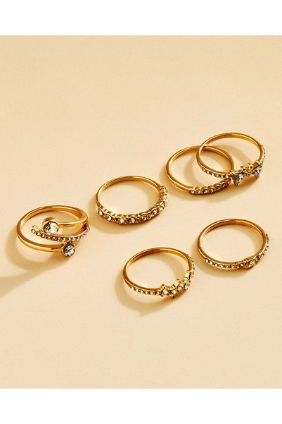 REDTAG Women Gold Embellished Finger Rings 6 Piece Set