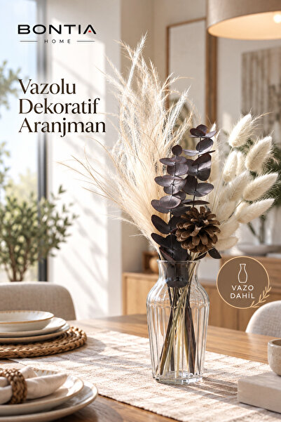 Bontia Vazolu Dekoratif Aranjman Kuru Gerçek Çiçek Kızıl Okaliptus ve Pamuk O...