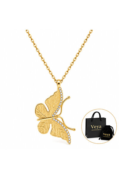 VEYA Gold Necklace with Butterfly Design and Zircon Stones Made of 925 Sterli...