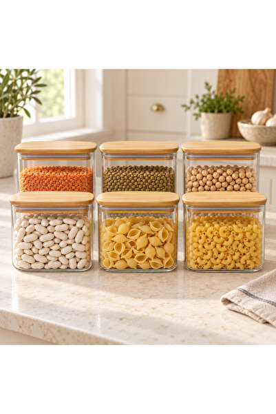 Queen’s Kitchen 6 قطع من البرطمانات الزجاجية المستطيلة ذات الأغطية الخيزرانية...