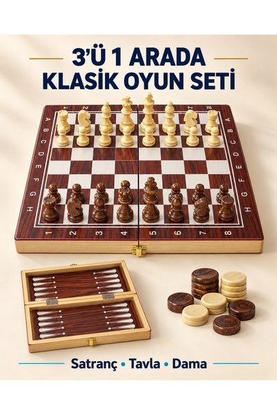 METTREND 3’ü 1 Arada Ahşap Satranç Tavla Dama Seti 24x24 cm Katlanabilir Klasik Oyun