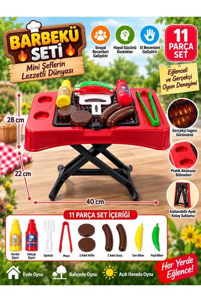 BYCEGU 11 Parçadan Oluşan Kırmızı Renk Oyuncak Mangal Barbekü Seti Katlanabil...