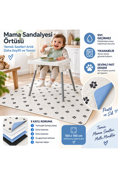 CDE Mama Sandalyesi Örtüsü 100x100 cm Su Geçirmez Yıkanabilir Pati Desenli Be...