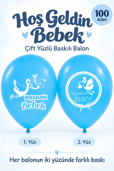 HBK Balon Hoş Geldin Bebek Balonu Mavi Baby Shower Baskılı Lateks Balon 100 A...