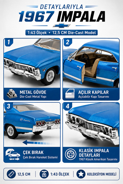 YILDIRIM OYUNCAK Die Cast 1967 Chevrolet Impala Model Araba 4’lü Set 12,5cm – 1:43 Ölçek Metal Gövdeli Açılır Kapılı Çek Bırak Klasik Araba