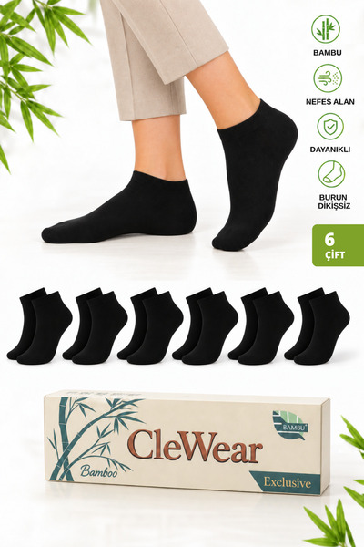 CLEWEAR Erkek Bambu Patik Siyah Çorap Dikişsiz 6'lı Paket
