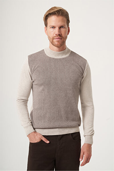 İmza Beige-Milk Coffee Turtleneck Long Sleeve Knitted Comfort Fit Cotton Swea...