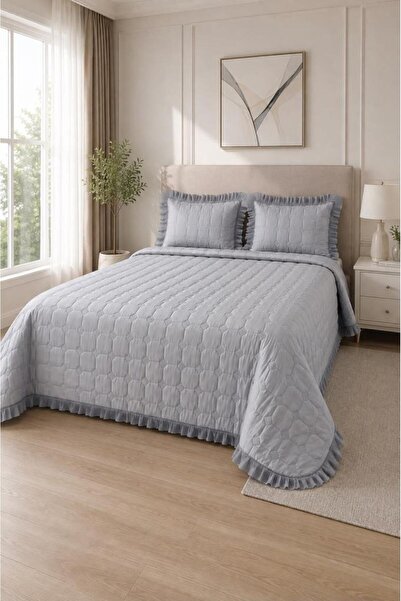 Çeyiz Diyarı Bujiva Pleated Double 3-Piece Bedspread Gray