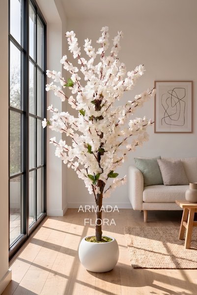 Armada Flora Premium Yapay Beyaz Bahar Dalı Ağacı 160 cm 27x33 Küre Saksılı