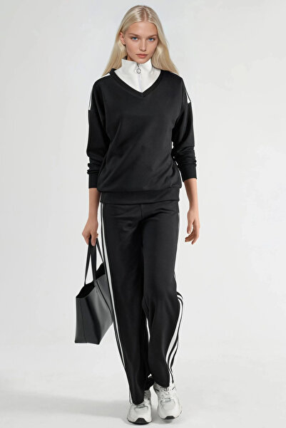 fiolin Soft Touch Modal Textured Zippered Collar Striped Wide Leg Two-Piece Set