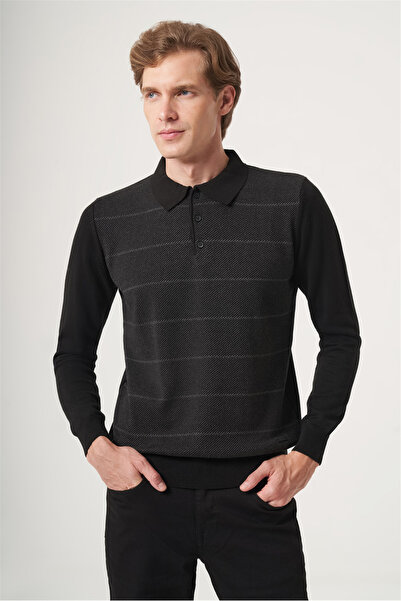 İmza Black Polo Collar Long Sleeve Knitted Comfort Fit Cotton Knitwear Sweate...