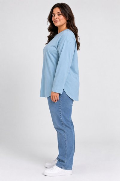Süperlife Women's Plus Size Crew Neck Long Sleeve Oval Hem Tunic T-Shirt Spr26Btk992