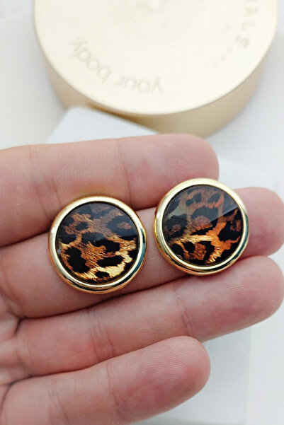 KYOLA DESİGN Leopar Desenli Konik Taşlı Gold Kadın Yuvarlak Küpe (2.2cm çap)