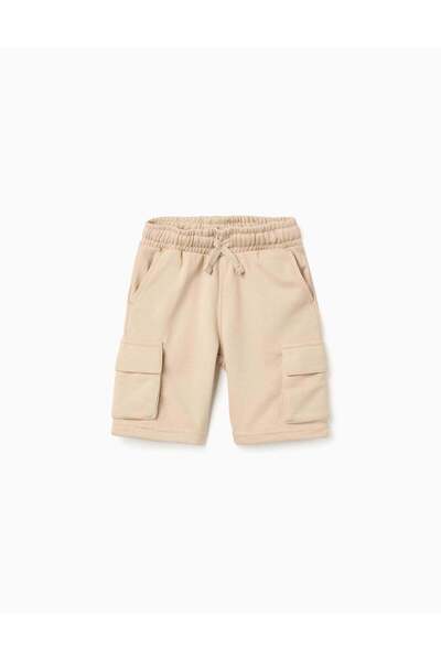 Ziddy Fleece Shorts With Cargo Pockets And Drawstring For Boys, Beige
