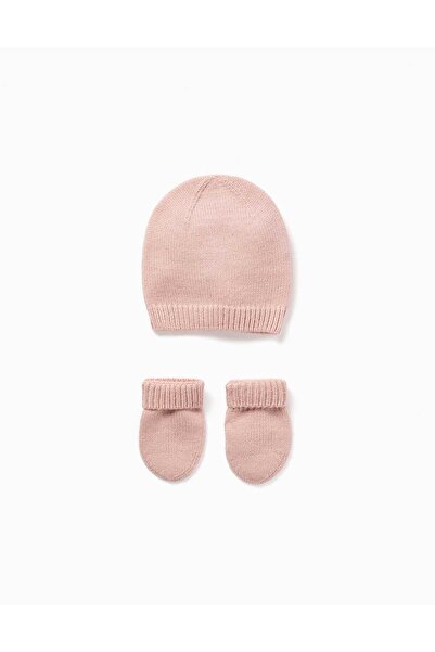 Ziddy Knitted Beanie + Mittens Set For Newborn Girls, Light Pink