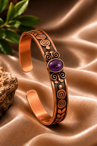 OSMANLI GÜMÜŞ Women's Copper Bracelet Handcrafted Pure Copper Oval Amethyst N...