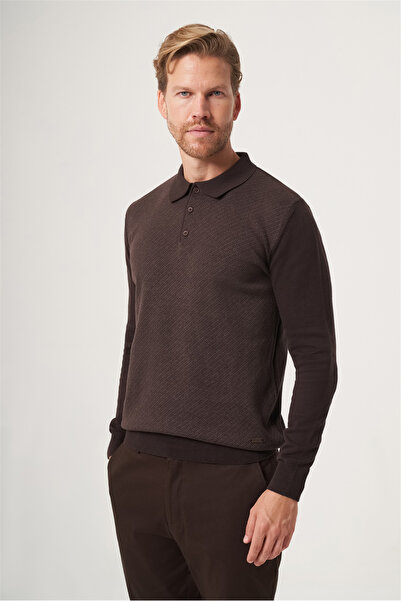 İmza Brown Polo Collar Long Sleeve Knitted Comfort Fit Cotton Sweater 1012265153
