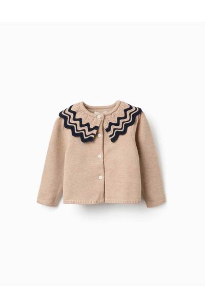 Ziddy Knitted Cardigan With Striped Collar For Baby Girls, Beige/Navy Blue