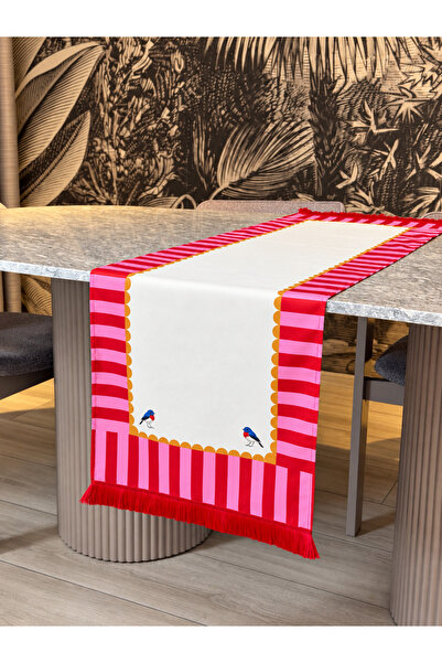 Skhome Kuşlu Modern Dekoratif Baskılı Saçaklı Runner 1 Adet 40x140cm (SKSCR-56)