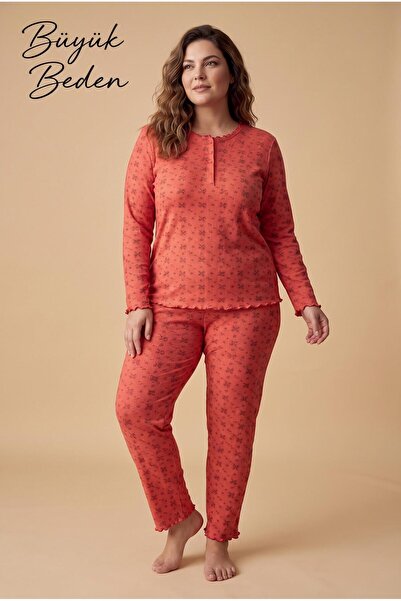 cotonhause Kadın Uzun Kol Raporlu İnterlok Büyük Beden Kiremit Pijama Takımı C2T4N28