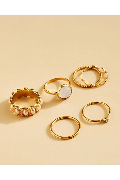 REDTAG Women Gold Embellished Finger Rings 6 Piece Set