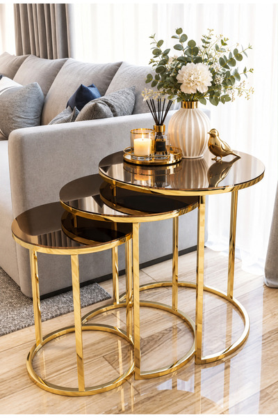 3lü Lüx C Zigon Sehpa Gold Aynalı