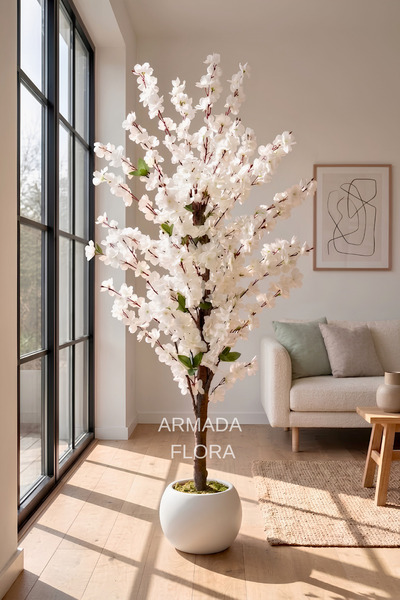 Armada Flora Premium Yapay Beyaz Bahar Dalı Ağacı 200 cm 27x33 Küre Saksılı