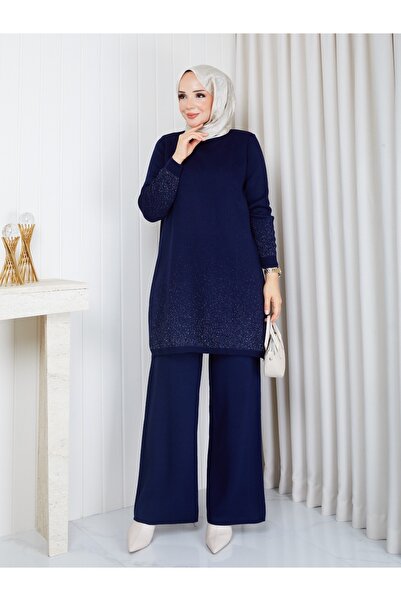 BisuModa Sim İp Detaylı Triko Pantolon Tunik Takım