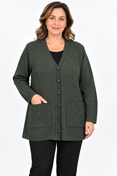NECO GİYİM Women's Mother Green Cardigan Knitwear Knitted Patterned Bead Deta...