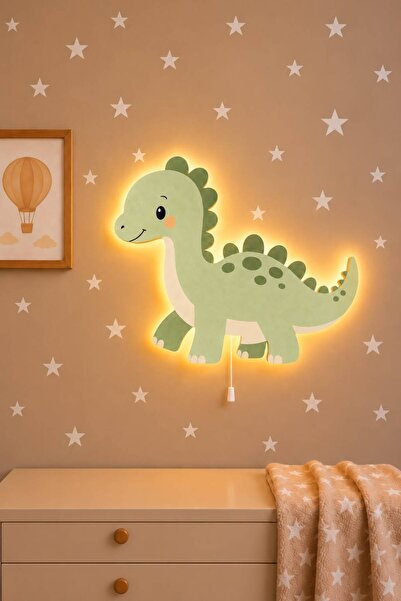 BugyBagy Ahşap Dinozor Gece Lambası Yıldız Hediyeli Pilli Ledli Lamba Bebek Ç...