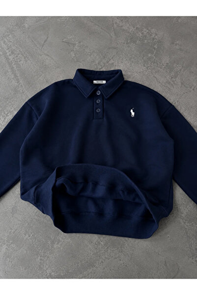 Violon Polo Yaka Nakış Detaylı Basic Oversize Unisex Sweatshirt