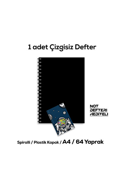 Fragman Yayınları A4 72 Yaprak 1 Adet Çizgisiz Siyah Okul Defteri Not Defteri Hediyeli Plastik Kapak Spiralli