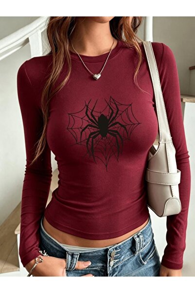 Toum Uzun Kol SpiderWeb Hearth Graph Baskılı Bluz Body